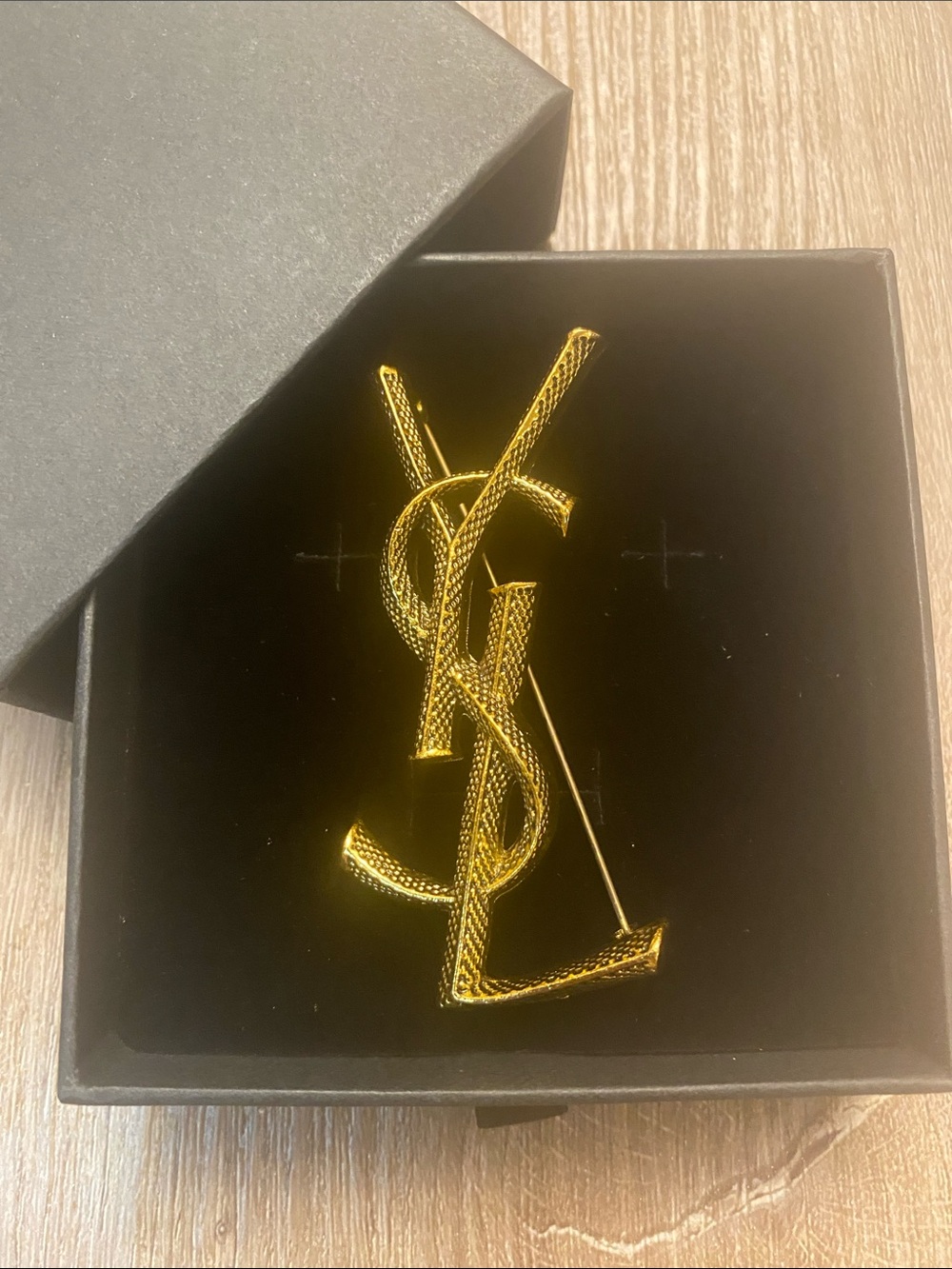 YSL Brooch, Chic Gold Tone Lapel Pin New